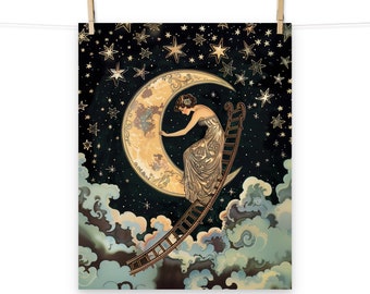 Art Nouveau Ladder to the Moon and Stars Poster - Art Deco Lady Wall Art for Vintage Home Decor