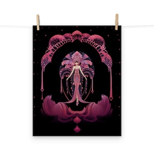 May include: A digital illustration of a woman in a pink and purple dress with a large headpiece. The woman is standing in front of a pink and purple archway. The background is black.