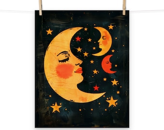 Crescent Moon with Faces Poster - Vintage Celestial Wall Art for Whimsical Home Decor