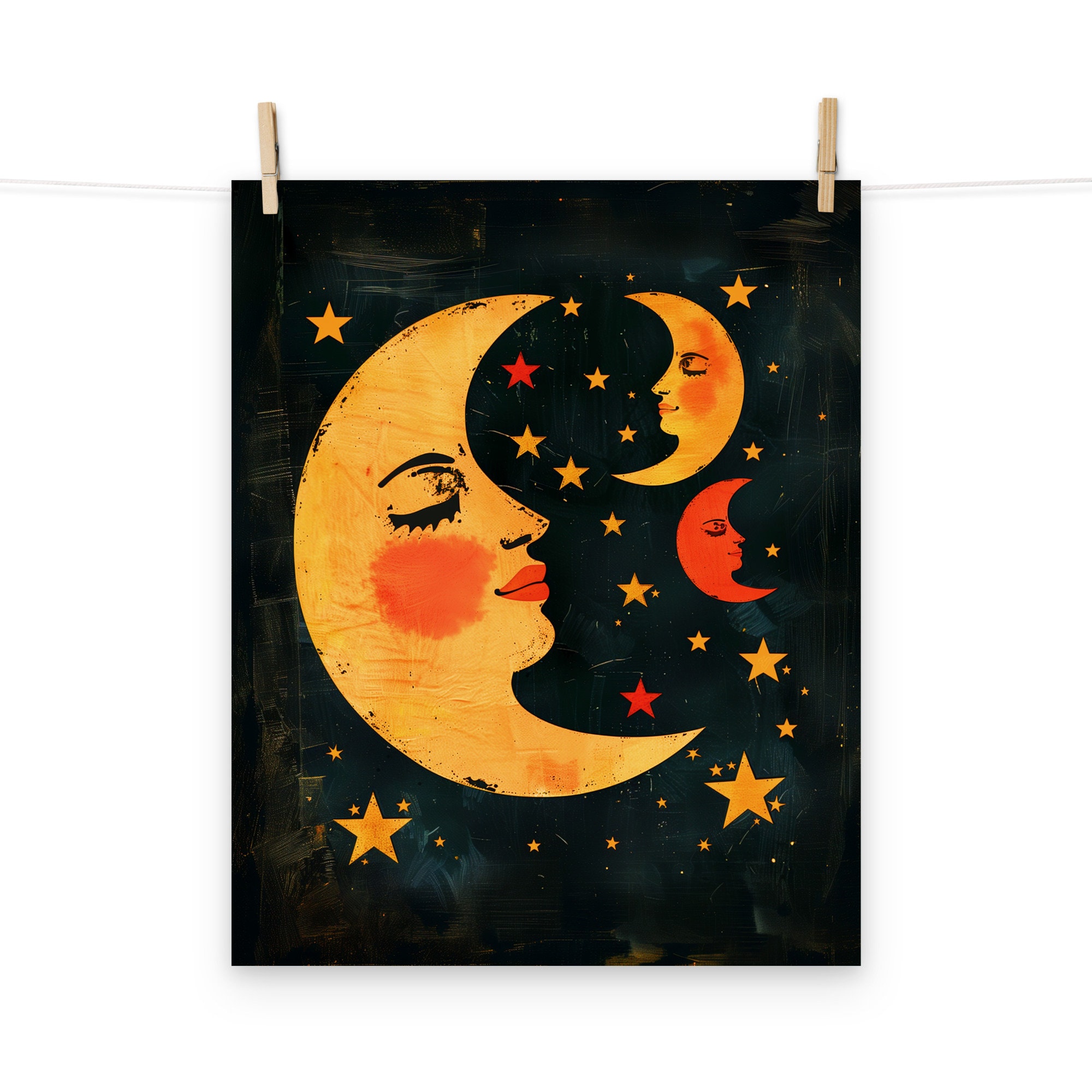 Crescent Moon With Faces Poster - Vintage Celestial Wall Art for