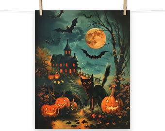 Gruseliges Halloween Poster – Vintage inspiriertes Spukhaus, schwarze Katze und Kürbisse für das Home Decor