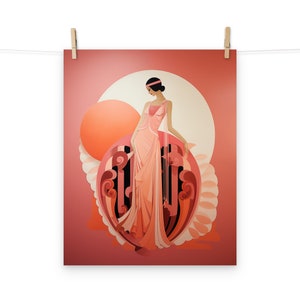 May include: A woman in a pink dress stands in front of a pink and white abstract design. The woman has dark hair and is wearing a headband. The background is a soft pink colour.
