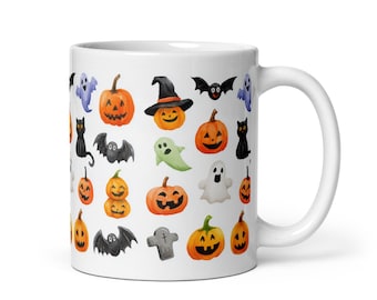 Bonita taza de Halloween: fantasmas, calabazas, murciélagos y gatos negros. Ideal para decorar, regalar y mucho más.