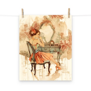 Poster vintage con vanità rococò - Arte boudoir nostalgica e di bellezza, illustrazione di una donna sofisticata al tavolo da toeletta per un arredamento chic