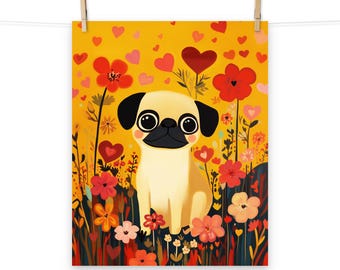 Poster Schattige mopshond met hartjes en bloemen - poster schattige hond voor woondecoratie