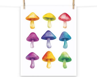 Rainbow Mushroom Art Print – Vibrant Psychedelic Fungi Poster for Boho & Cottagecore Decor
