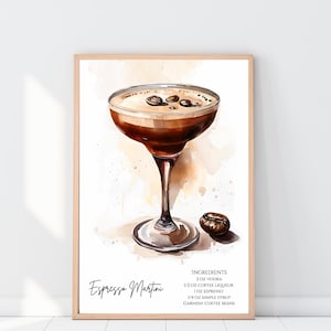 Espresso Martini Wandkunst, Modernes Cocktailrezept Druck, Martini Glas Aquarell, Kaffeebar Dekor, Mixology Küchenkunst