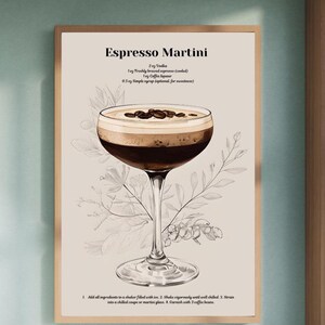 Espresso Martini Rezept Kunstdruck, modernes Cocktail Wanddekor, Neutral Bar Küchenkunst, Kaffee-Liebhaber-Geschenk, Mixologie druckbares Poster