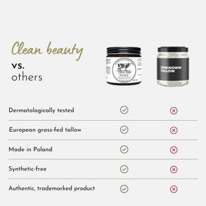 May include: A comparison chart titled Clean beauty vs. others featuring two jars of tallow balm. One jar has a white label with a cow illustration and text, while the other is labeled Unknown Tallow. Checkmarks and X marks indicate product features.