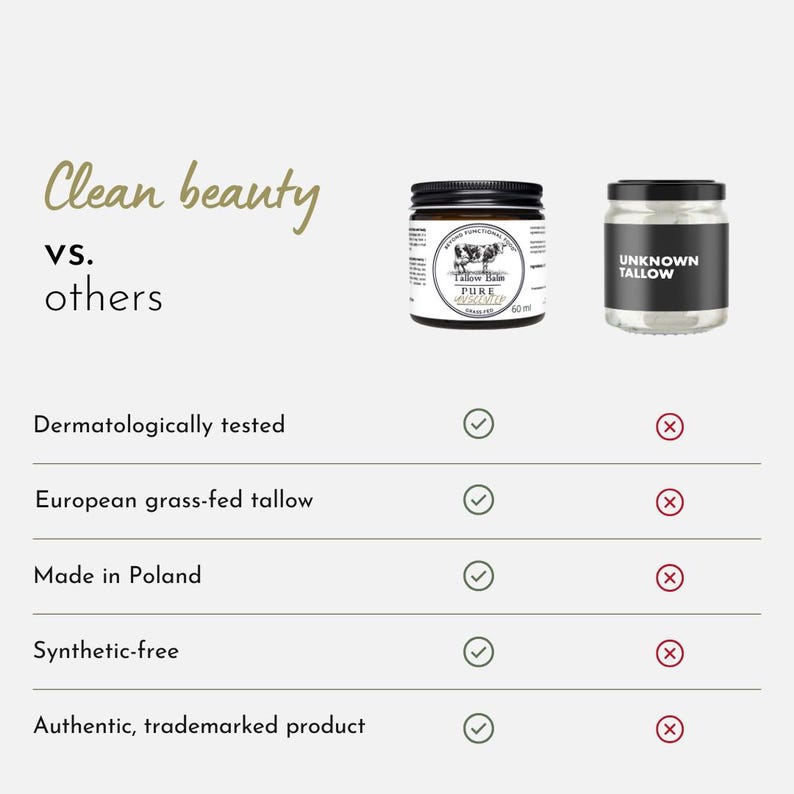 May include: A comparison chart titled Clean beauty vs. others featuring two jars of tallow balm. One jar has a white label with a cow illustration and text, while the other is labeled Unknown Tallow. Checkmarks and X marks indicate product features.