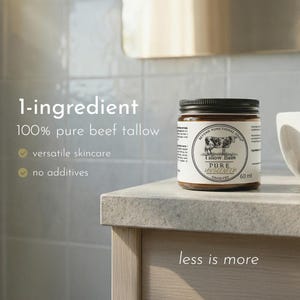 May include: A 60 ml jar of Beyond Functional Food Tallow Balm with a black lid. The label features a cow illustration and the text 1-ingredient, 100% pure beef tallow, versatile skincare, no additives, Pure Unscented, and less is more.