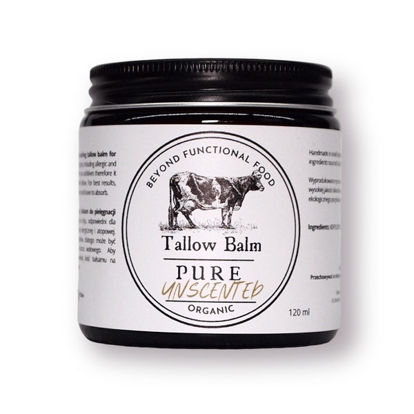 PURE Tallow Balm Ongeparfumeerd, 100% grasgevoerd en biologisch, natuurlijke voedende en verzachtende balsem voor gezicht en lichaam, licht opgeklopt voor textuur.