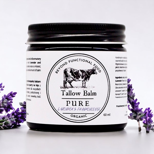 PURE Tallow Balm Lavender & Frankincense, natural nourishing and soothing tallow balm for face and body.