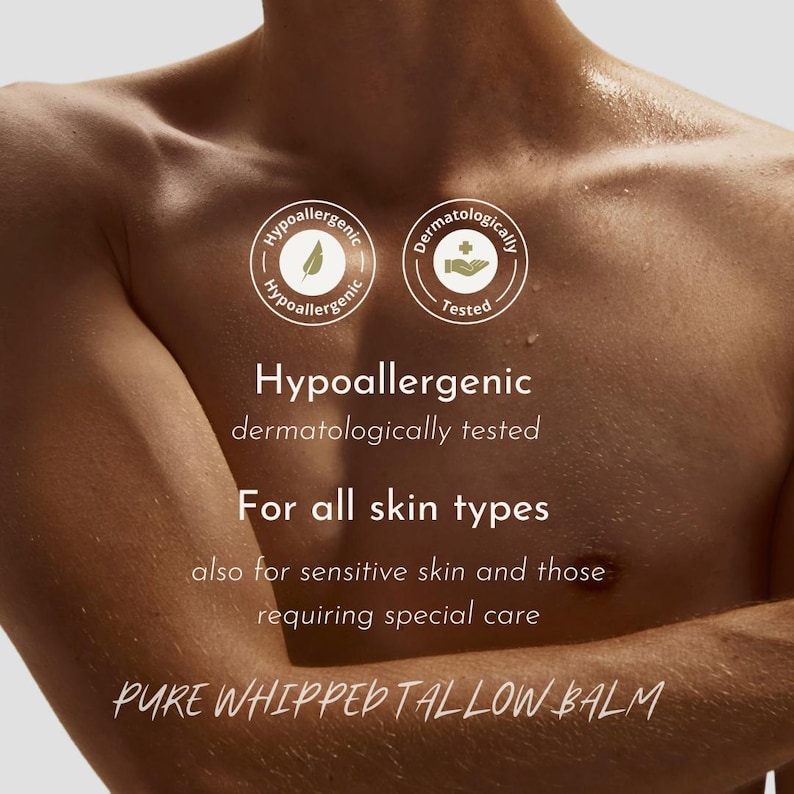 May include: Pure whipped tallow balm with text stating Hypoallergenic, dermatologically tested, for all skin types, also for sensitive skin and those requiring special care. Two circular icons feature a leaf and a hand with a medical cross.