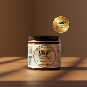 Bálsamo de sebo Glow 100% de res alimentada con pasto, con espino amarillo y rosa mosqueta.