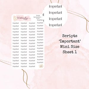 May include: A sheet of planner stickers with the word "Important" repeated. The stickers are white with black text. The sheet also includes the text "Scripts 'Important' Mini Size Sheet 1". The background is a light pink with gold accents.