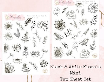 Black and White Florals Mini Size * Floral Stickers * Flowers and Foliage Stickers * Planner Stickers * Journal Stickers * Mini Stickers