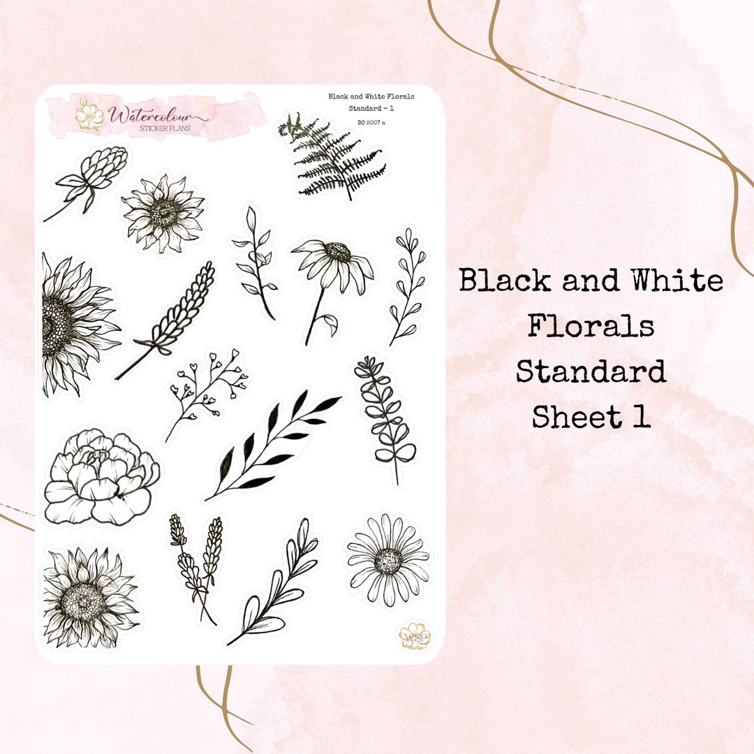 Black and White Floral Stickers: Planner, Journal, Deco - Etsy