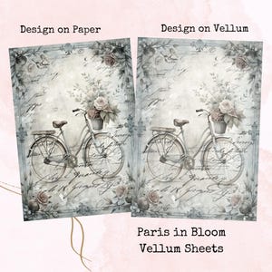 París en flor - Papel pergamino impreso - Escena de bicicleta en acuarela - Papel pergamino impreso - Papel pergamino - Tablero de mandos - Materiales para diarios - Tablero de estado de ánimo - Planificadores