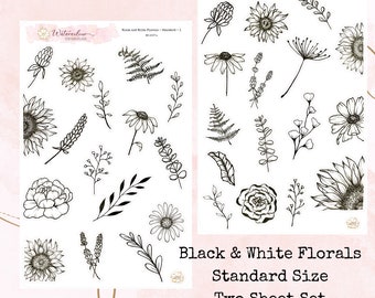 Black and White Florals Standard Size * Floral Stickers * Flowers and Foliage Stickers * Planner Stickers * Journal Stickers * Deco Stickers