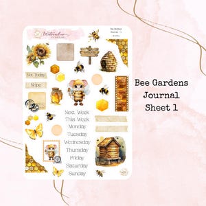 Feuilles de journal Bee Gardens * Stickers déco aquarelles * Stickers abeilles * Stickers fleurs * Stickers agenda * Stickers miel * Stickers journal