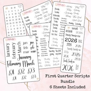 Peut inclure: Un ensemble de six feuilles d'autocollants pour planificateur avec divers éléments de calendrier. Les autocollants comprennent des dates, des jours de la semaine, des mois et l'année 2026. Les autocollants sont en écriture manuscrite, avec un motif floral à l'aquarelle.