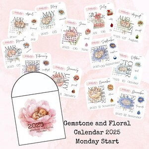 Pierres précieuses et calendrier floral 2025 *Autocollants aquarelles florales pour calendrier *Autocollants du mois avec pierres précieuses *Autocollants du mois *Autocollants de l'agenda *Calendrier 2025