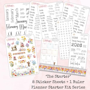 May include: A planner starter kit featuring eight sticker sheets and a ruler. The stickers display calendar dates, days of the week, months, and floral and animal designs. The ruler is decorated with colorful flowers.