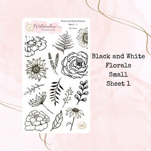 Petits motifs floraux noirs et blancs * Autocollants floraux * Autocollants fleurs et feuillage * Autocollants agenda * Autocollants pour carnet de notes * Petits autocollants