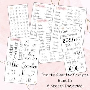 May include: A collection of six sticker sheets featuring calendar and planner scripts. The sheets include dates, days of the week, months, and the year 2026. The text is in a handwritten style, with a light pink background.