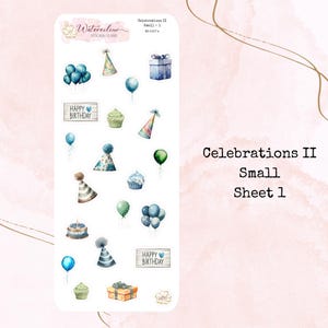 Petites célébrations*Autocollants déco aquarelles*Autocollants ballons*Autocollants chapeaux de fête*Autocollants agenda* Petits autocollants* Carnets de notes * Autocollants de fête