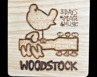 Wood Engraved Coasters, Handmade Coasters, Psychedelic Wood Coasters, Men's Gift, Woodburned Coasters, Woodstock 1969 Peace Love Music