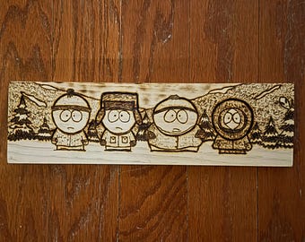 Handmade South Park woodburning, rustic wall plaque, cartoon art decor