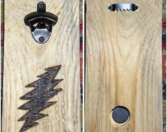Grateful Dead Wood Engraved Wood Bottle Opener – Magnetic Cap Catcher, Handmade Gift - Grateful Dead Lightening Bolt