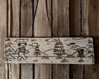 Personalized Wood Burned Wall Plaque – Handmade Engraved Decor, Custom Gift - Wall Sign - Grateful Dead Disc Golf Bear