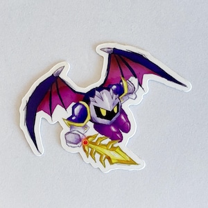 May include: A sticker featuring a cartoon illustration of a purple and black character with wings, holding a gold sword. The character has a menacing expression and is flying through the air.