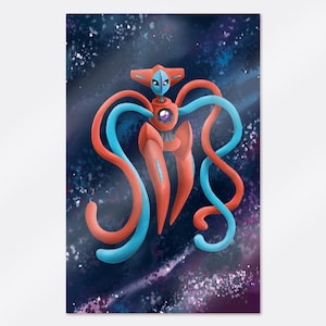 Puede incluir: Una ilustración digital del personaje Deoxys con un cuerpo de color rojo coral y azul claro, largos apéndices similares a tentáculos, un cristal púrpura central en el pecho y una cara azul oscuro sobre un fondo de espacio profundo estrellado.