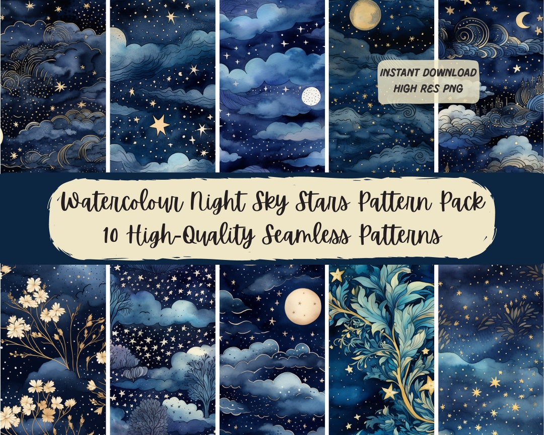 Simple Night Pattern 10 Watercolor Night Skies Seamless Patterns Premium Quality Commercial ...