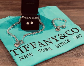 Please Return To Stainless Steel Heart Charm Toggle Necklace, Bracelet and Earring Set with T-Shirt ~ Handbag ~ INSPIRED Tiffany and Co.