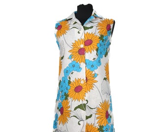 1960s Linen Floral Shirt Dress - XS Petite