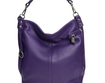 Italiensk Lila Hobo Bag i Äkta Läder, Slouch Tote Bag, Handväska i Axelremsväska