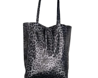 Leopard Print Leather Tote Bag: Metallic Silver Slouch Hobo