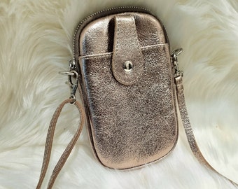 Metallic Leather Bronze Mobile Bag Bronze crossbody bag Mini phone pouch Bag Coin Card Key Wallet Bag -Silver Hardware