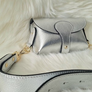 Silver Leather Bag Crossbody bag Silver Shoulder bag Party Bag With Wide Adjustable Leather Strap -Gold Hardware