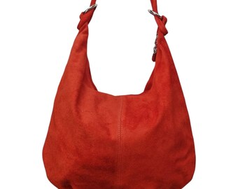 Czerwona torba typu hobo ze skóry zamszowej, typu Slouch Tote