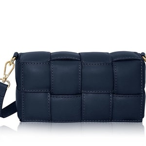 Navy blue Weaved Bag Navy Leather Crossbody bag Navy Shoulder bag Navy Party Bag Evening Bag With Adjustable Leather Strap -Gold Hardware