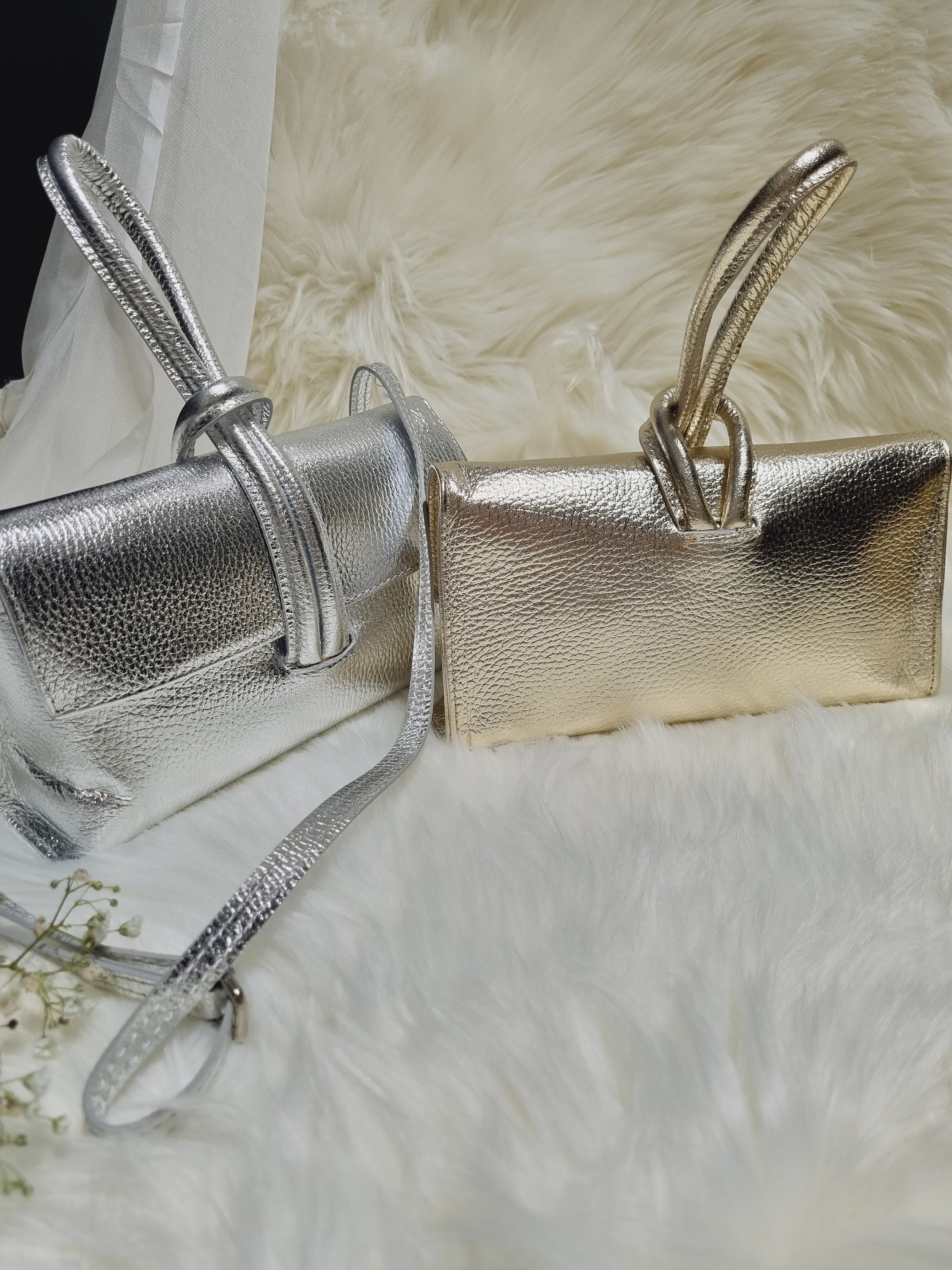 Loop Lock Clutch Bag Metallic Leder Gold Clutch Bag Silber Clutch Tasche Silver Abendtasche mit langen abnehmbaren Riemen Etsy