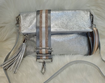 Metallic Silver Leather Clutch Bag/ Silver Evening Bag/Silver Tassel Crossbody Bag/ Silver Leather Purse/ Metallic Silver Bags Gifts for her