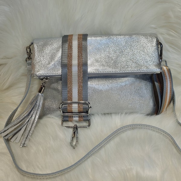 Metallic Silver Leather Clutch Bag/ Silver Evening Bag/Silver Tassel Crossbody Bag/ Silver Leather Purse/ Metallic Silver Bags Gifts for her