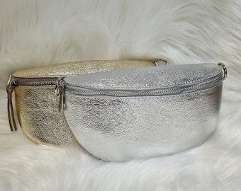 Real Leather Gold fanny bag, Gold Bum Bag, Silver Bum bag, Silver waist bag, Silver Sling Bag, Party bag, Gold Sling bag-Silver hardware